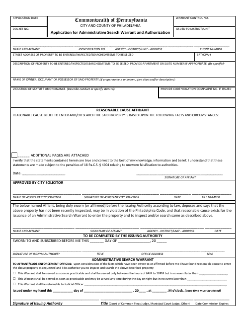Application for Administrative Search Warrant and Authorization - Philadelphia County, Pennsylvania Download Pdf