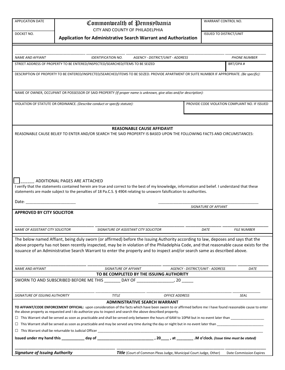 Application for Administrative Search Warrant and Authorization - Philadelphia County, Pennsylvania, Page 1