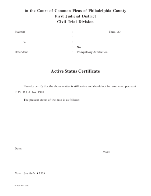 Form 01-409 Active Status Certificate - Philadelphia County, Pennsylvania