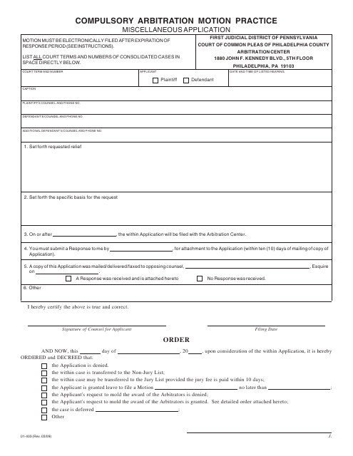 Form 01-403 Compulsory Arbitration Motion Practice Miscellaneous Application - Philadelphia County, Pennsylvania