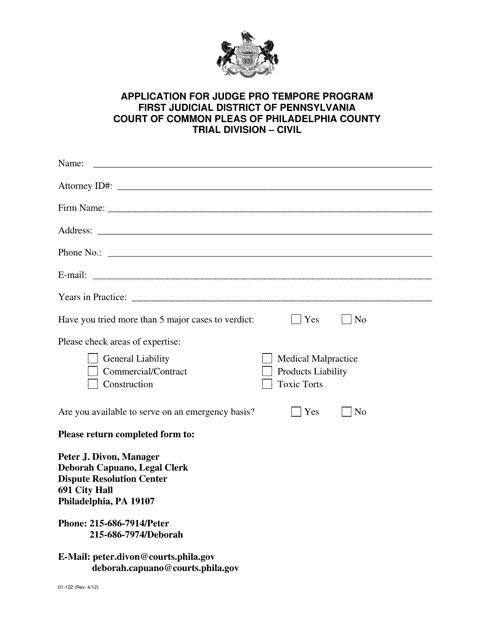 Form 01-122 Application for Judge Pro Tempore Program - Philadelphia County, Pennsylvania