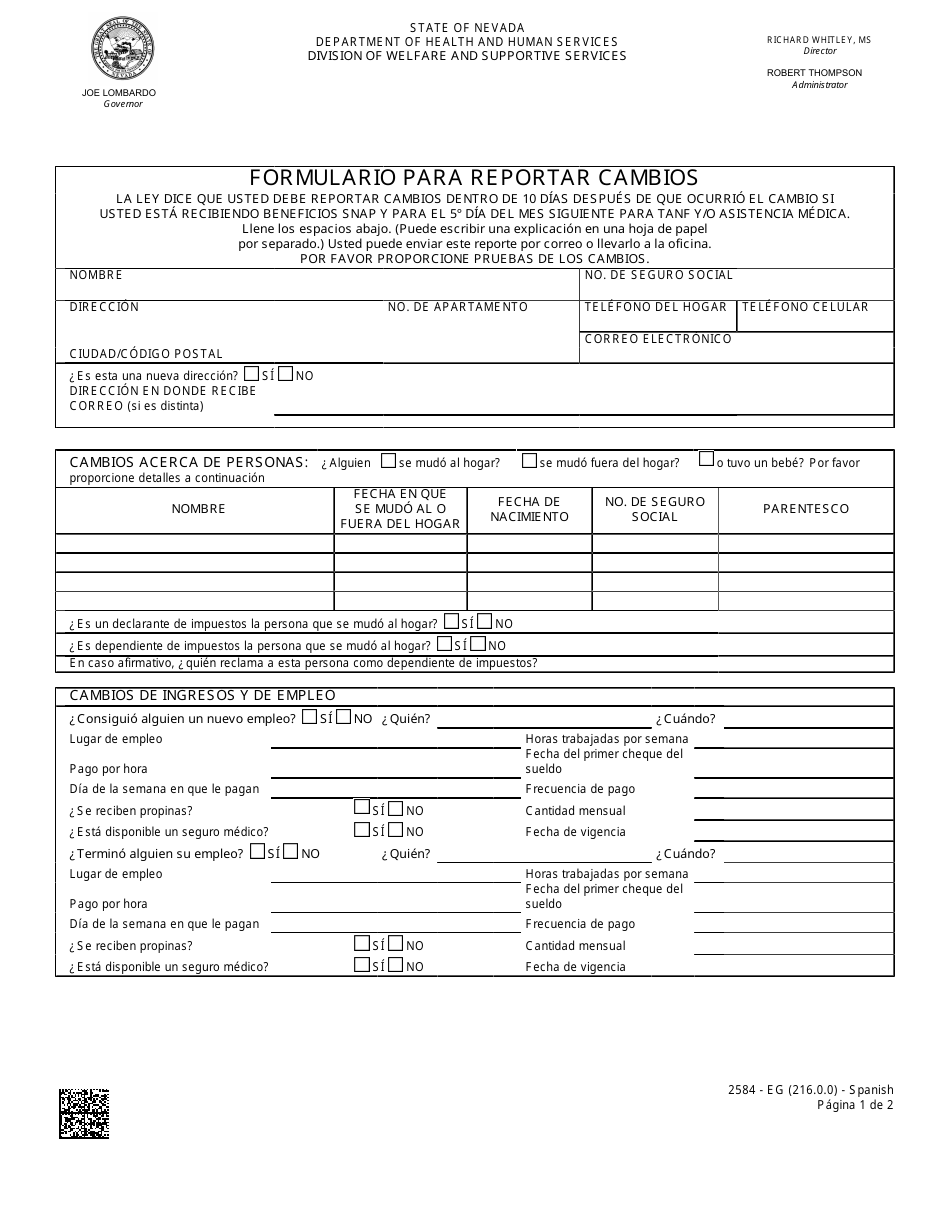 Formulario 2584-EGS Formulario Para Reportar Cambios - Nevada (Spanish), Page 1