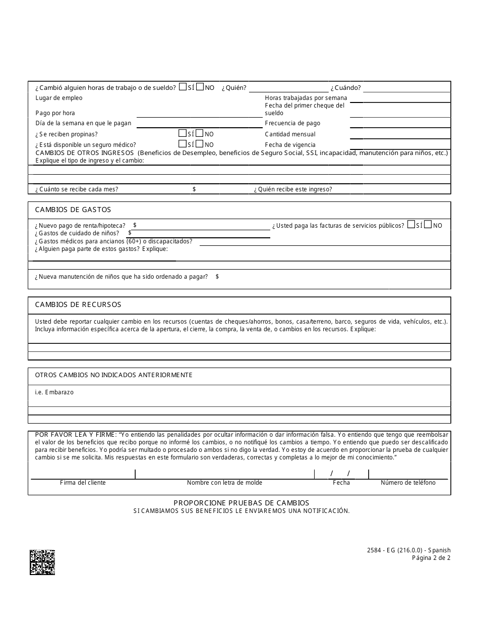 Formulario 2584-EGS Formulario Para Reportar Cambios - Nevada (Spanish), Page 2