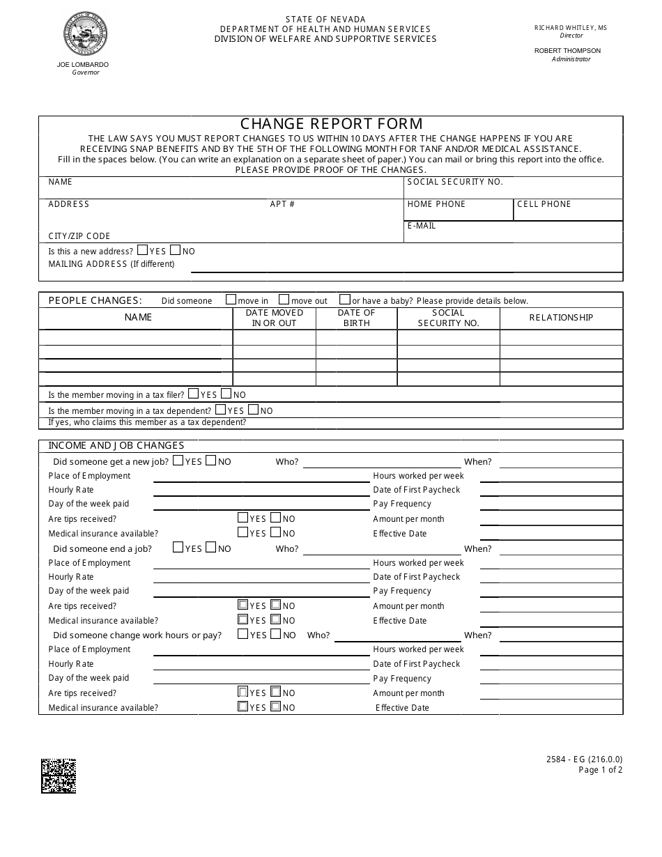 Form 2584-EG Change Report Form - Nevada, Page 1