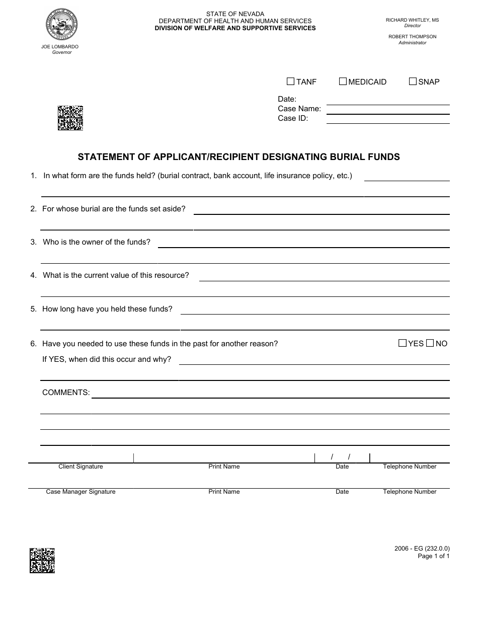 Form 2006-EG Statement of Applicant/Recipient Designating Burial Funds - Nevada, Page 1