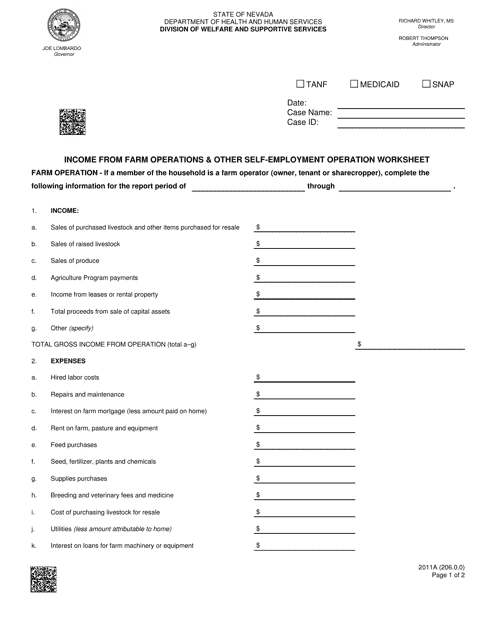 Form 2011A Income From Farm Operations & Other Self-employment Operation Worksheet - Nevada