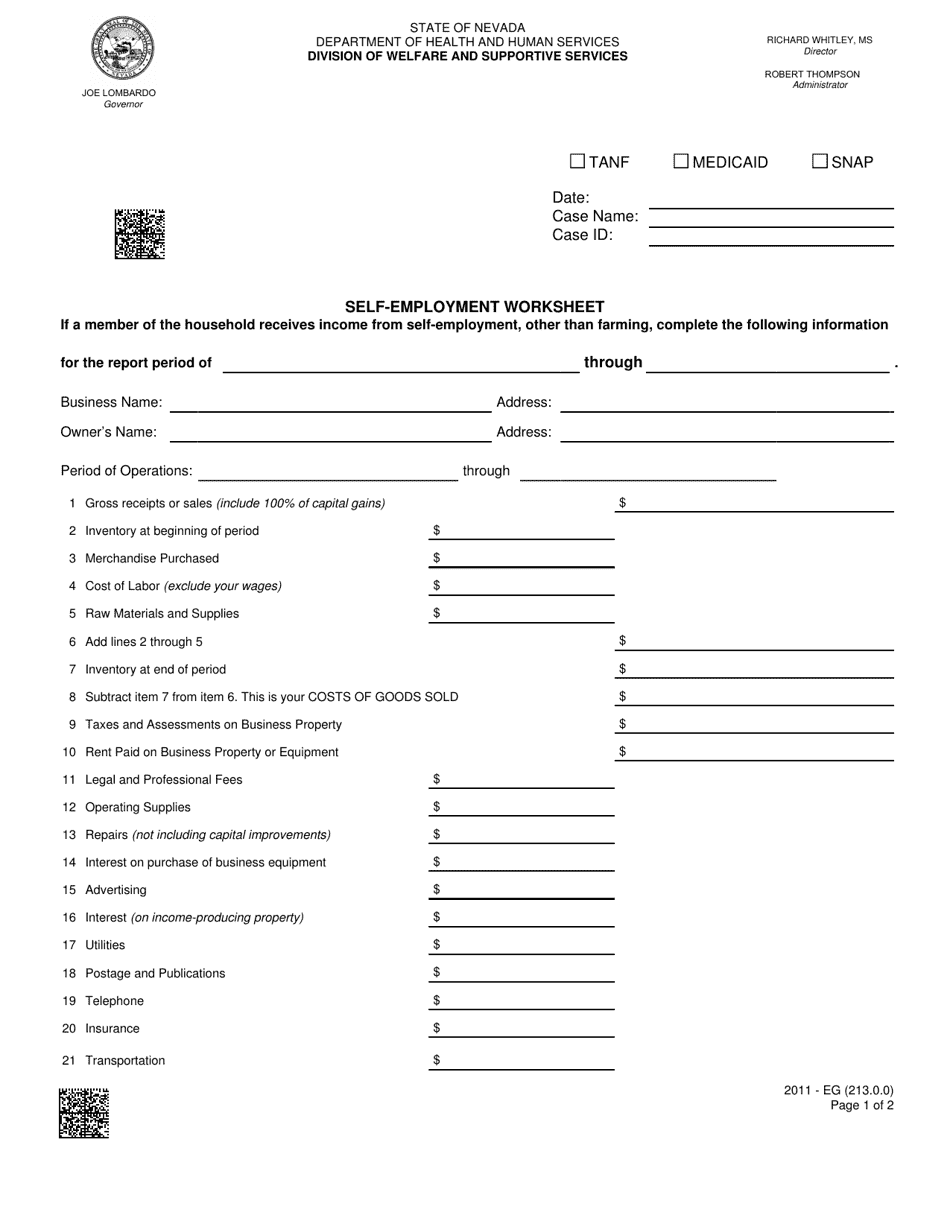 Form 2011-EG Self-employment Worksheet - Nevada, Page 1