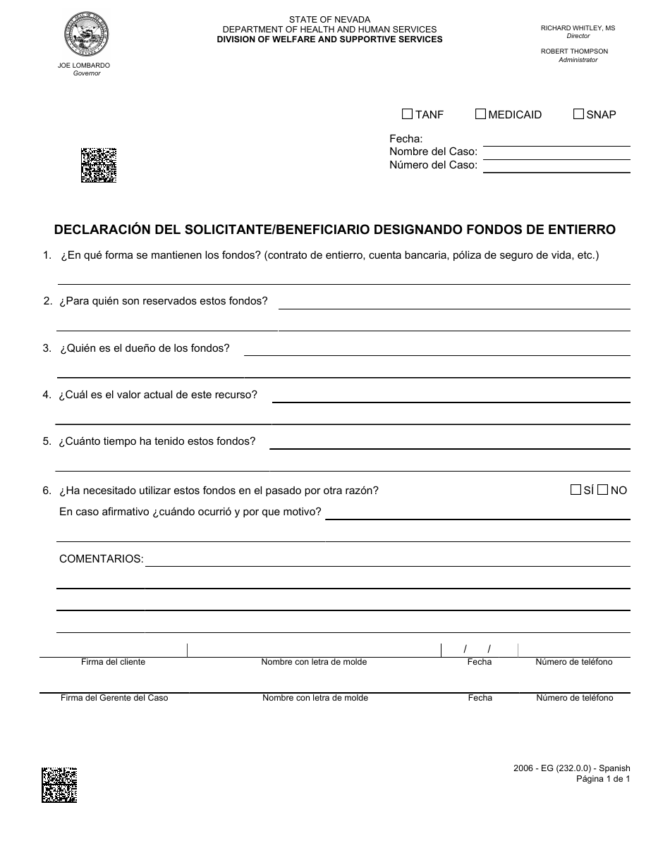 Formulario 2006-EGS Declaracion Del Solicitante / Beneficiario Designando Fondos De Entierro - Nevada (Spanish), Page 1