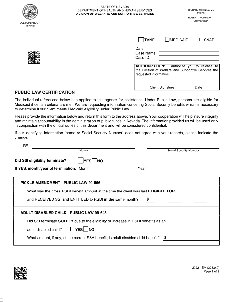 Form 2022-EM Public Law Certification - Nevada, Page 1