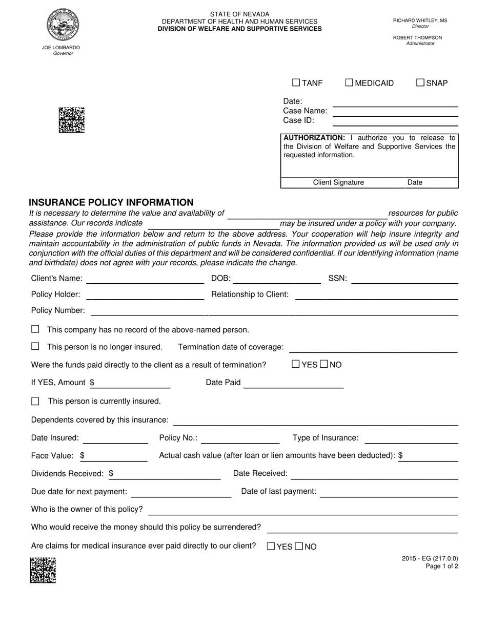Form 2015-EG Insurance Policy Information - Nevada, Page 1