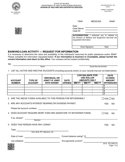 Form 2016-EG Banking/Loan Activity - Request for Information - Nevada