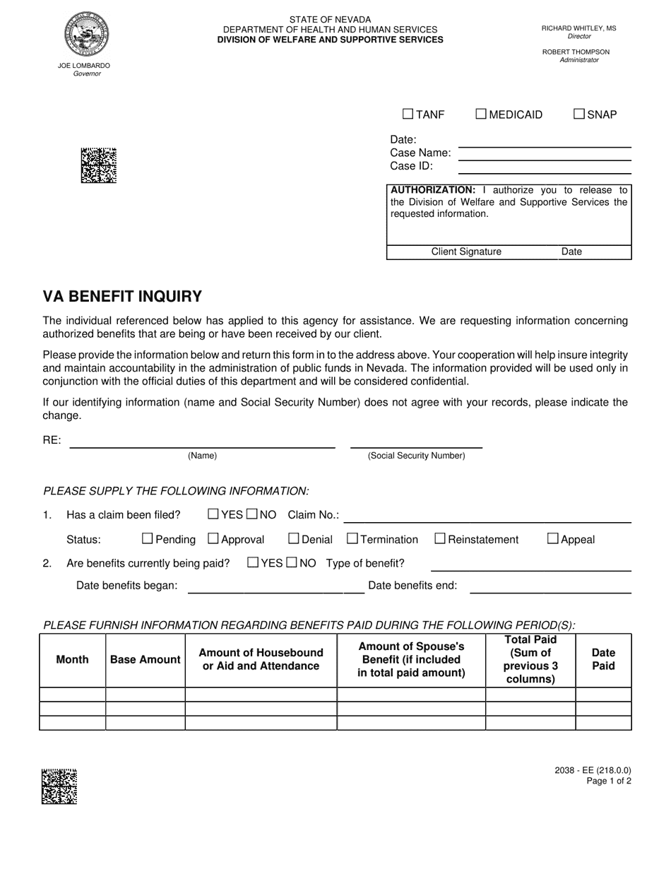 Form 2038-EE VA Benefit Inquiry - Nevada, Page 1