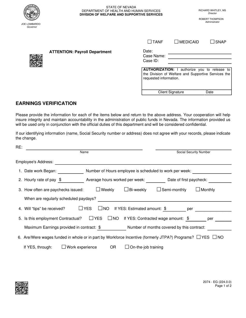 Form 2074-EG Earnings Verification - Nevada, Page 1