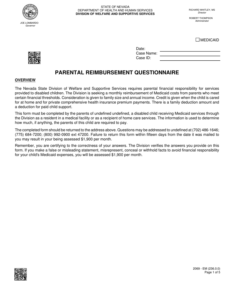 Form 2069-EM Parental Reimbursement Questionnaire - Nevada, Page 1
