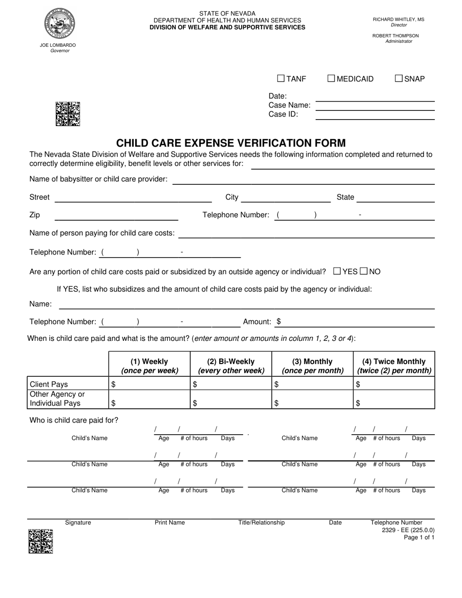 Form 2329-EE Child Care Expense Verification Form - Nevada, Page 1