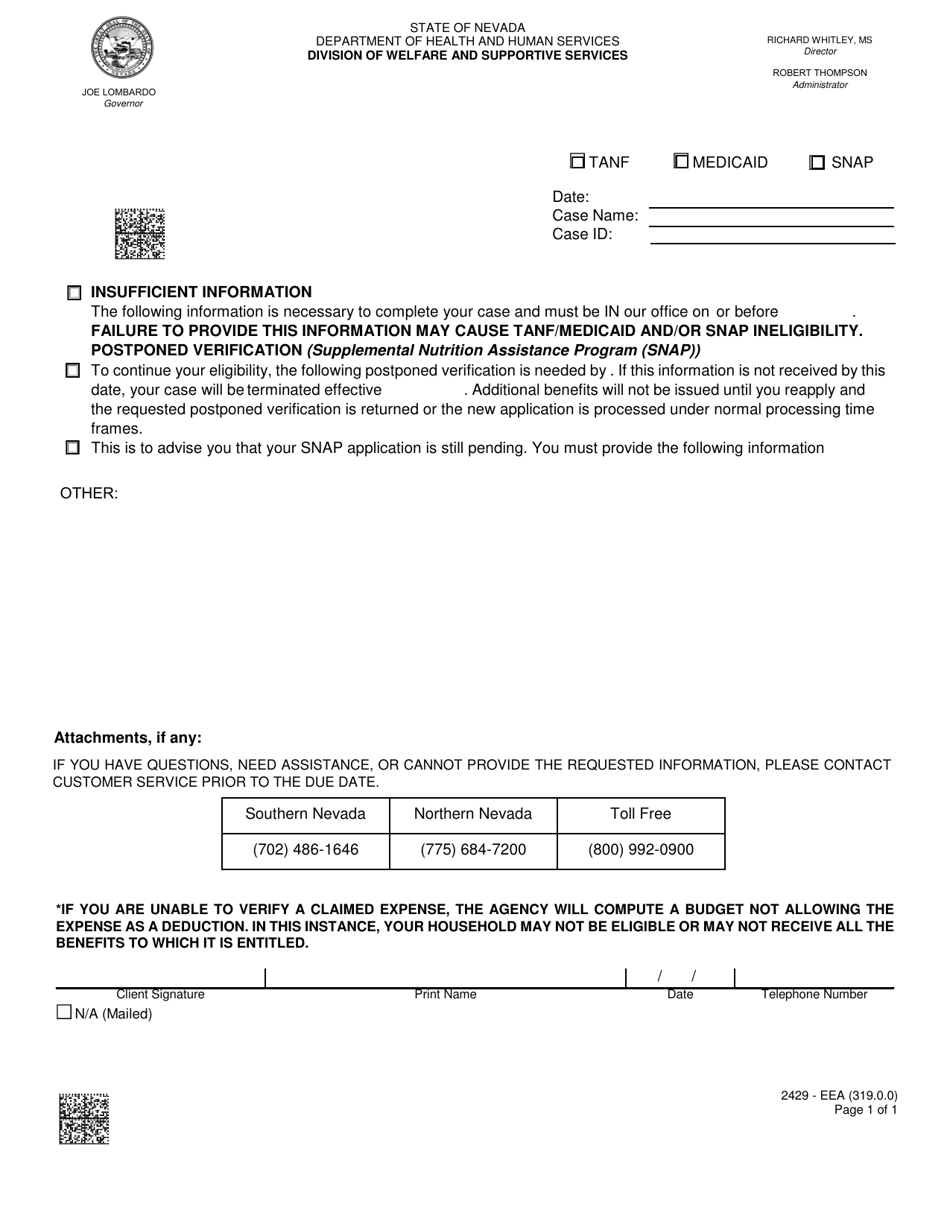 Form 2429-EEA Insufficient Information - Nevada, Page 1