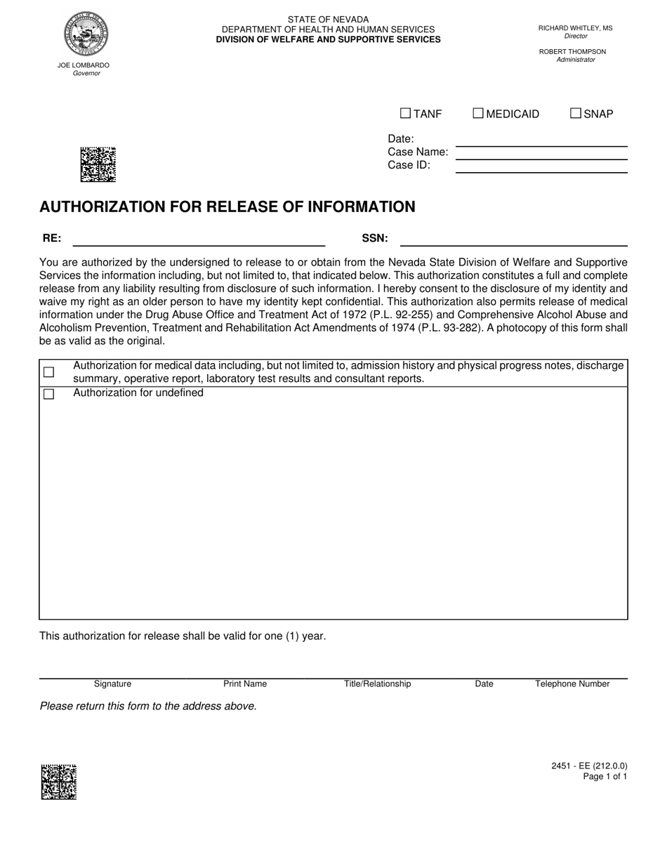 Form 2451-EE Authorization for Release of Information - Nevada, Page 1