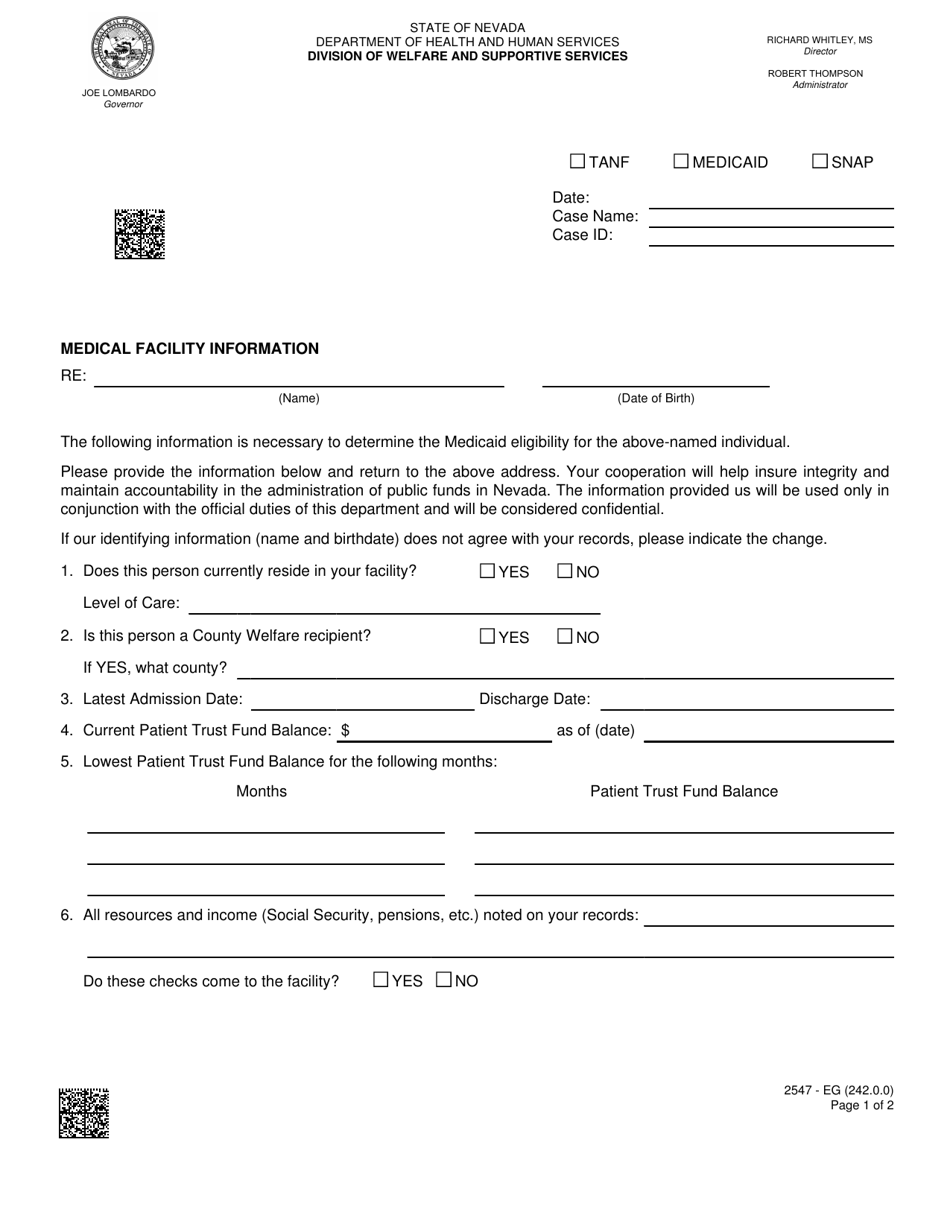Form 2547-EG Medical Facility Information - Nevada, Page 1