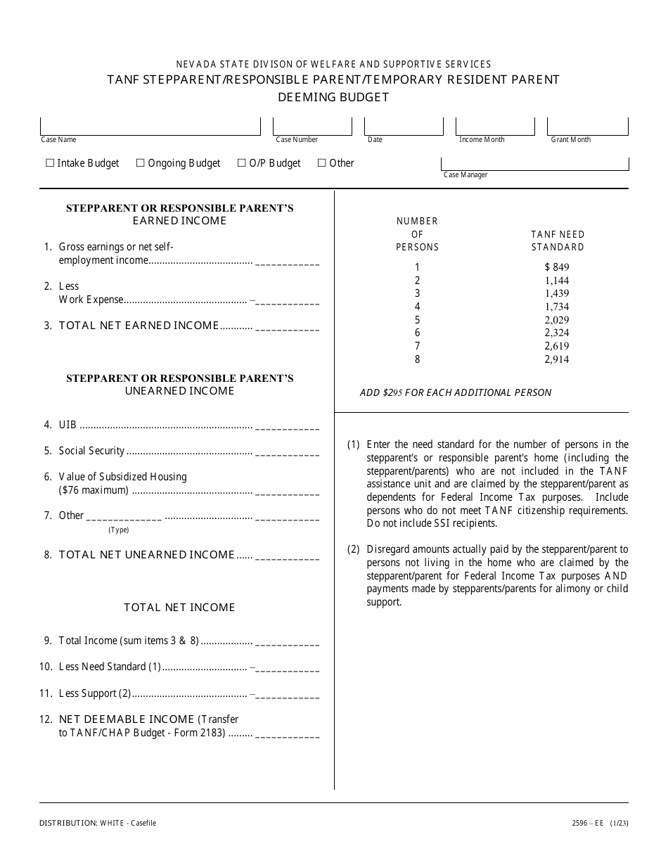 Form 2596-EE TANF Stepparent / Responsible Parent / Temporary Resident Parent Deeming Budget - Nevada, Page 1