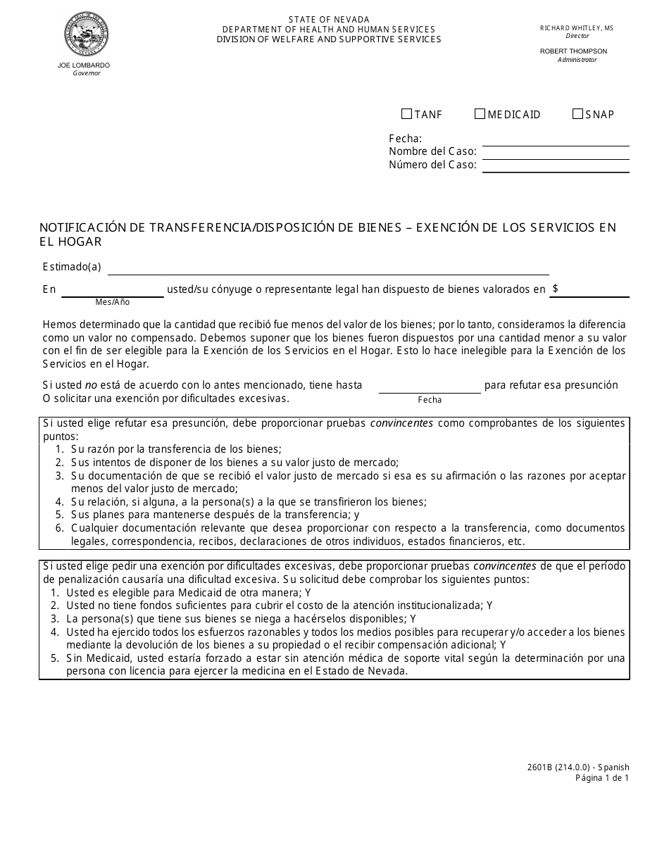 Formulario 2601B-S Notificacion De Transferencia / Disposicion De Bienes - Exencion De Los Servicios En El Hogar - Nevada (Spanish), Page 1