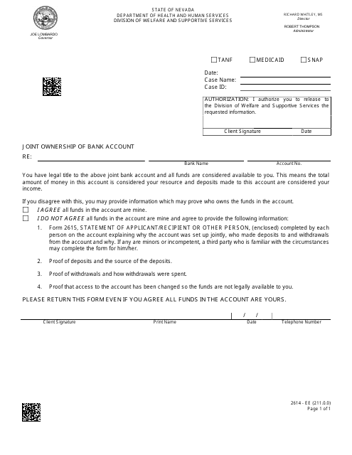 Form 2614-EE Joint Ownership of Bank Account - Nevada