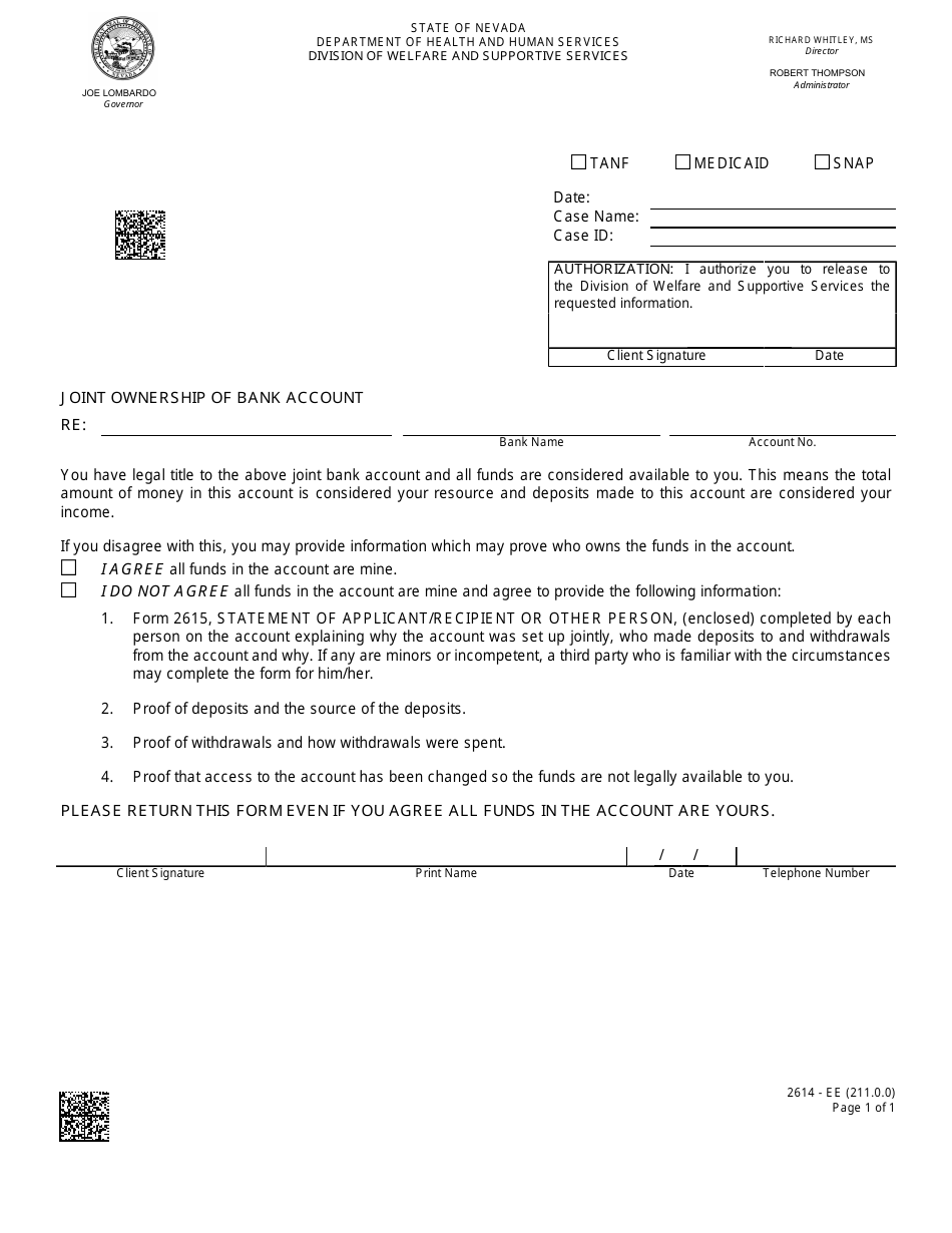 Form 2614-EE Joint Ownership of Bank Account - Nevada, Page 1