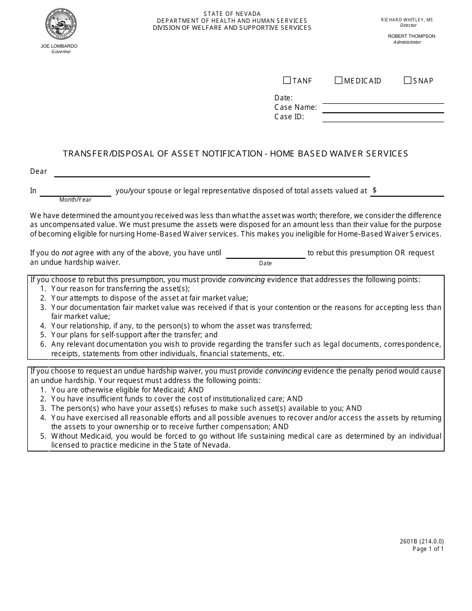 Form 2601B Transfer / Disposal of Asset Notification - Home Based Waiver Services - Nevada, Page 1