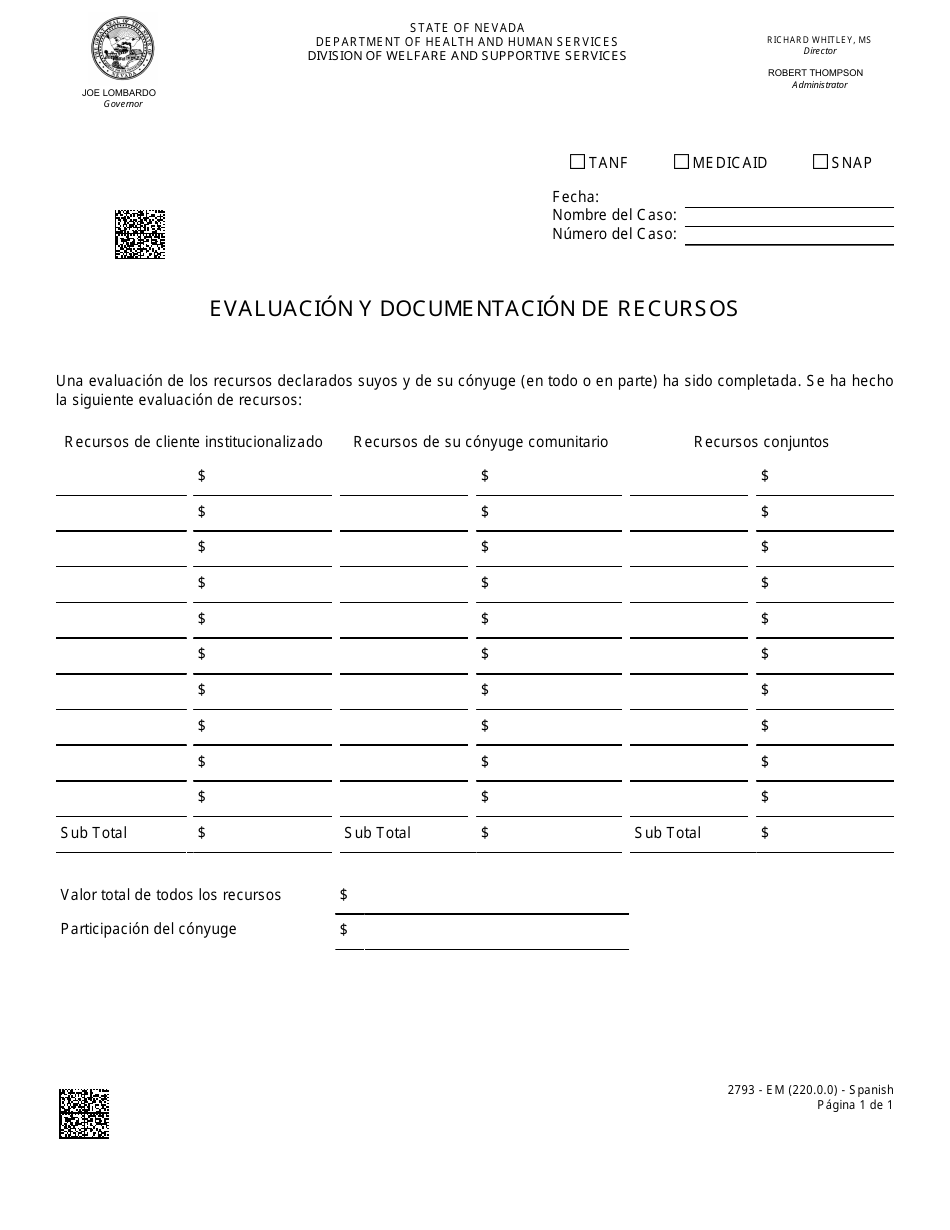 Formulario 2793-EMS Evaluacion Y Documentacion De Recursos - Nevada (Spanish), Page 1