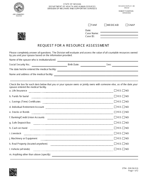 Form 2794-EM Request for a Resource Assessment - Nevada