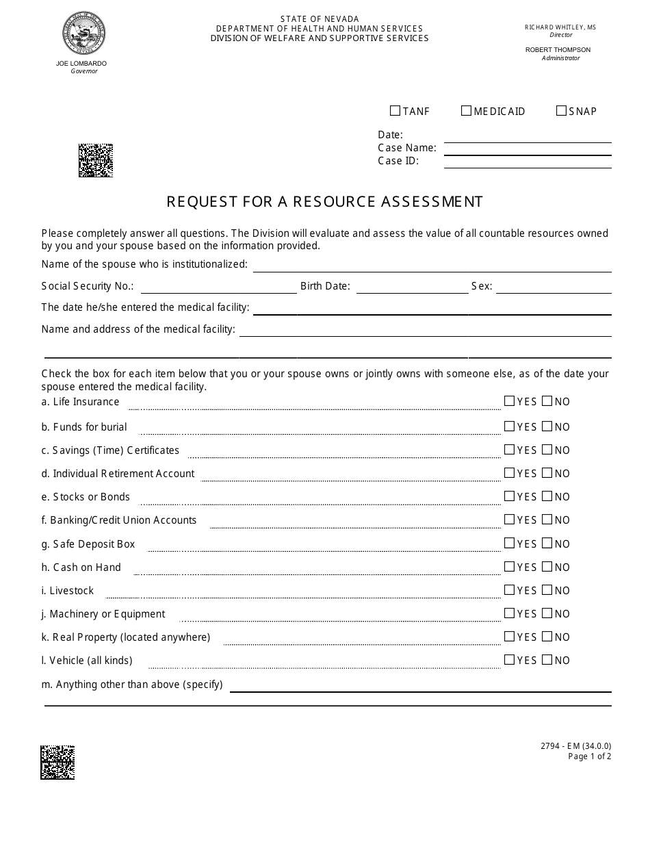 Form 2794-EM Request for a Resource Assessment - Nevada, Page 1