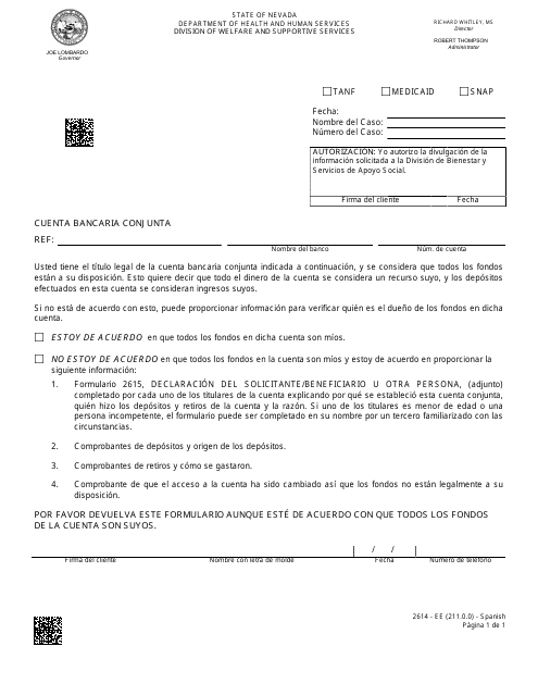 Formulario 2614-EES Cuenta Bancaria Conjunta - Nevada (Spanish)