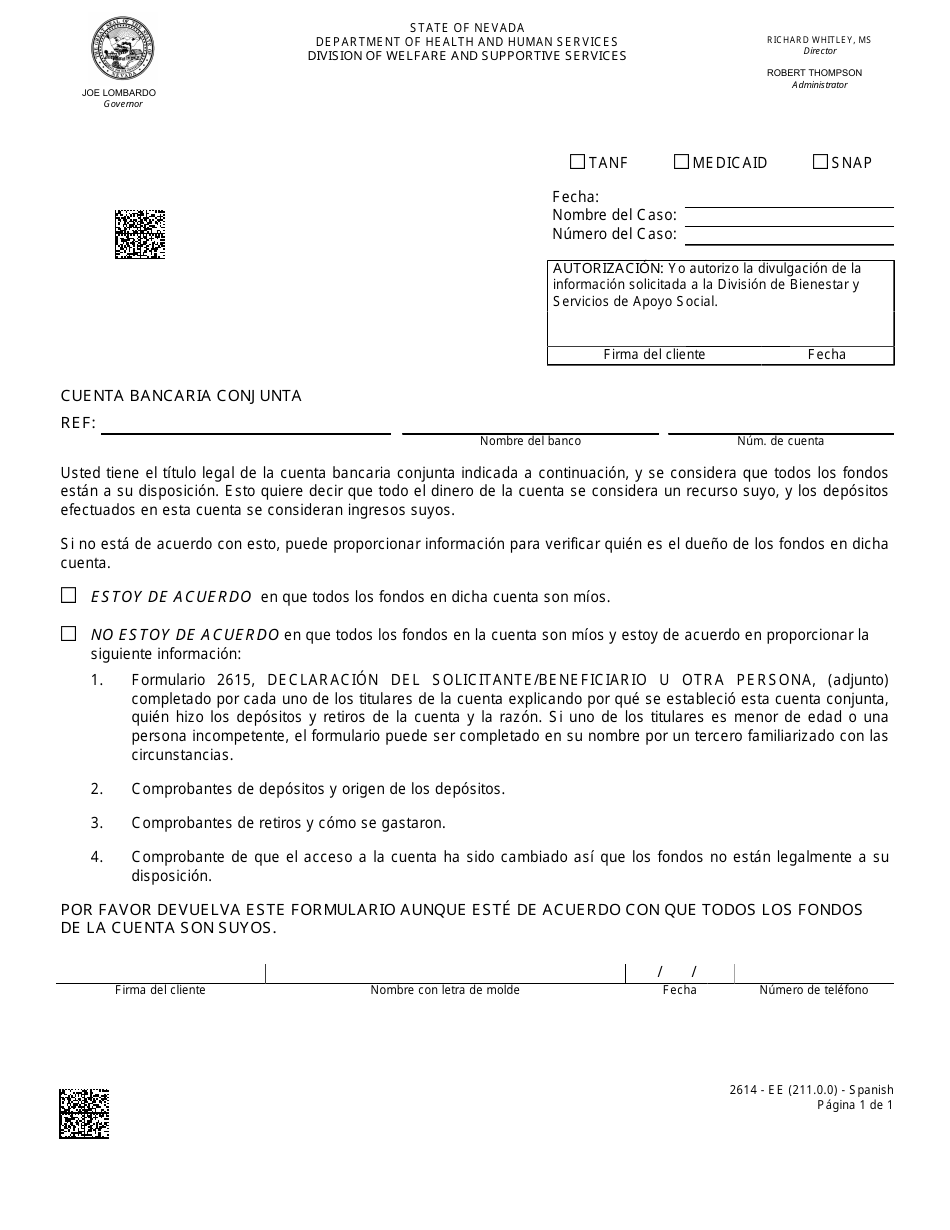 Formulario 2614-EES Cuenta Bancaria Conjunta - Nevada (Spanish), Page 1