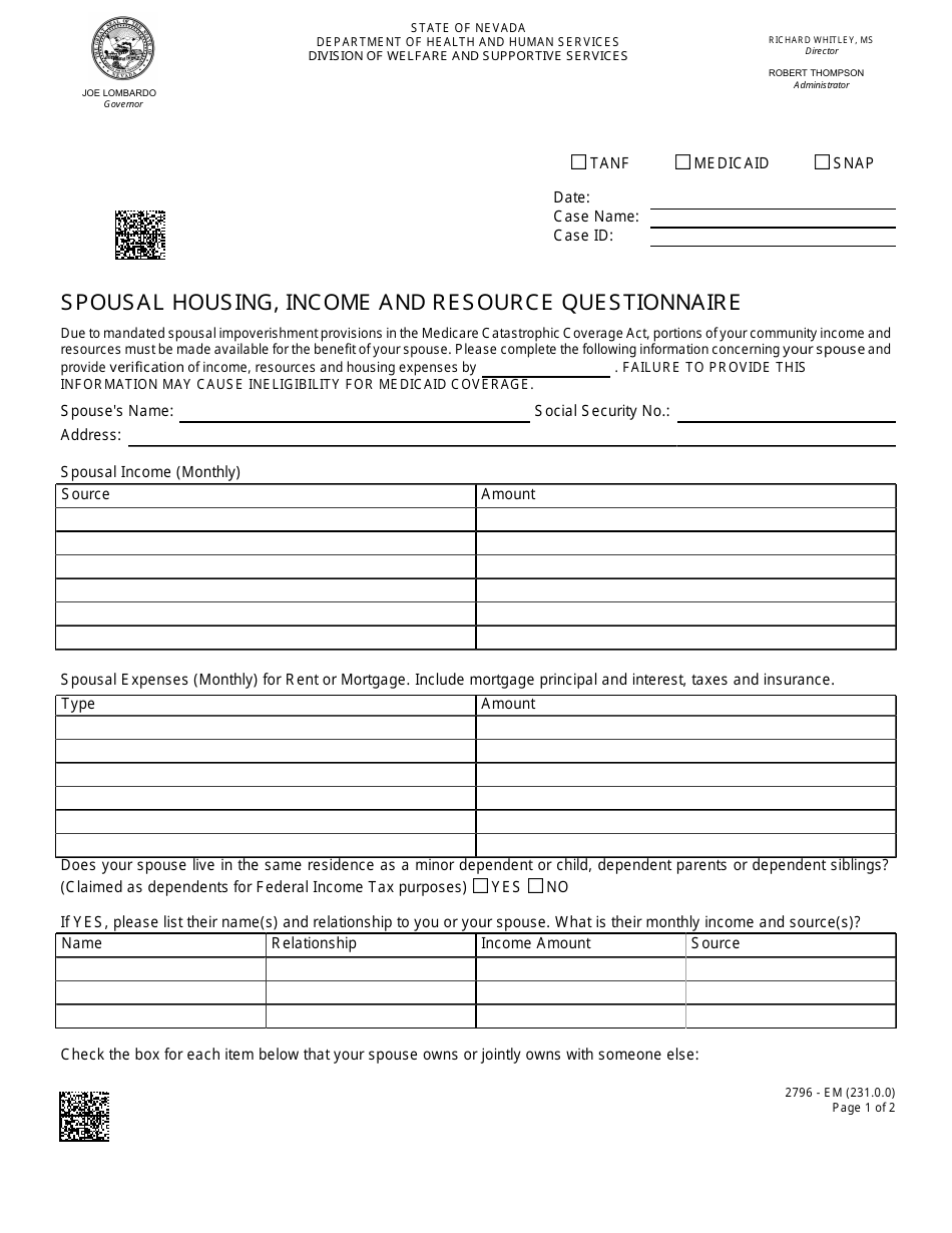 Form 2796-EM Spousal Housing, Income and Resource Questionnaire - Nevada, Page 1