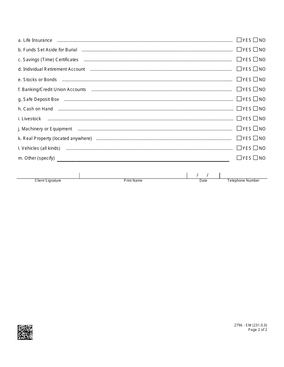 Form 2796-EM Spousal Housing, Income and Resource Questionnaire - Nevada, Page 2