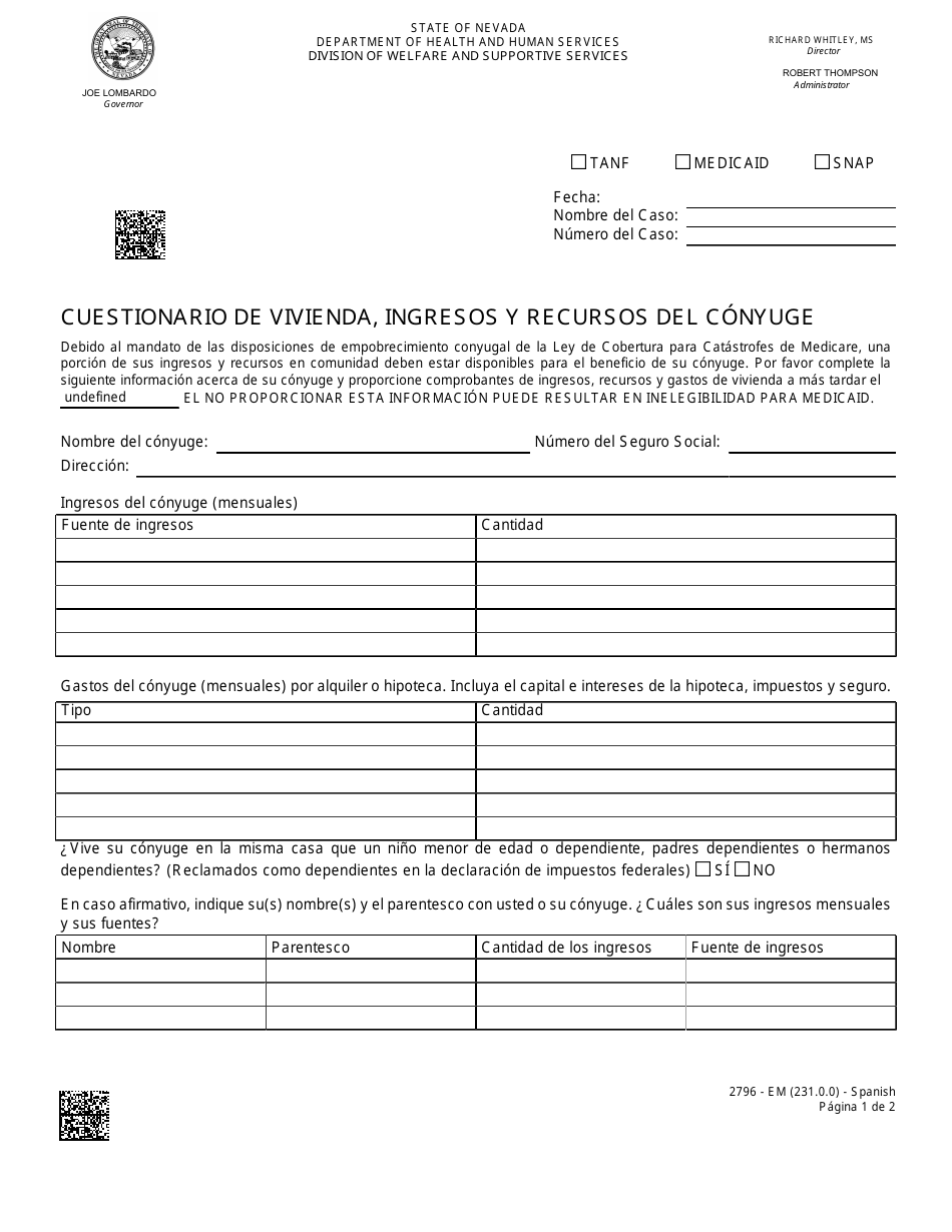 Formulario 2796-EMS Cuestionario De Vivienda, Ingresos Y Recursos Del Conyuge - Nevada (Spanish), Page 1