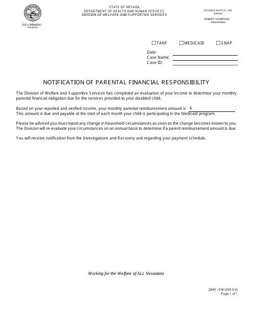 Form 2849-EM Notification of Parental Financial Responsibility - Nevada
