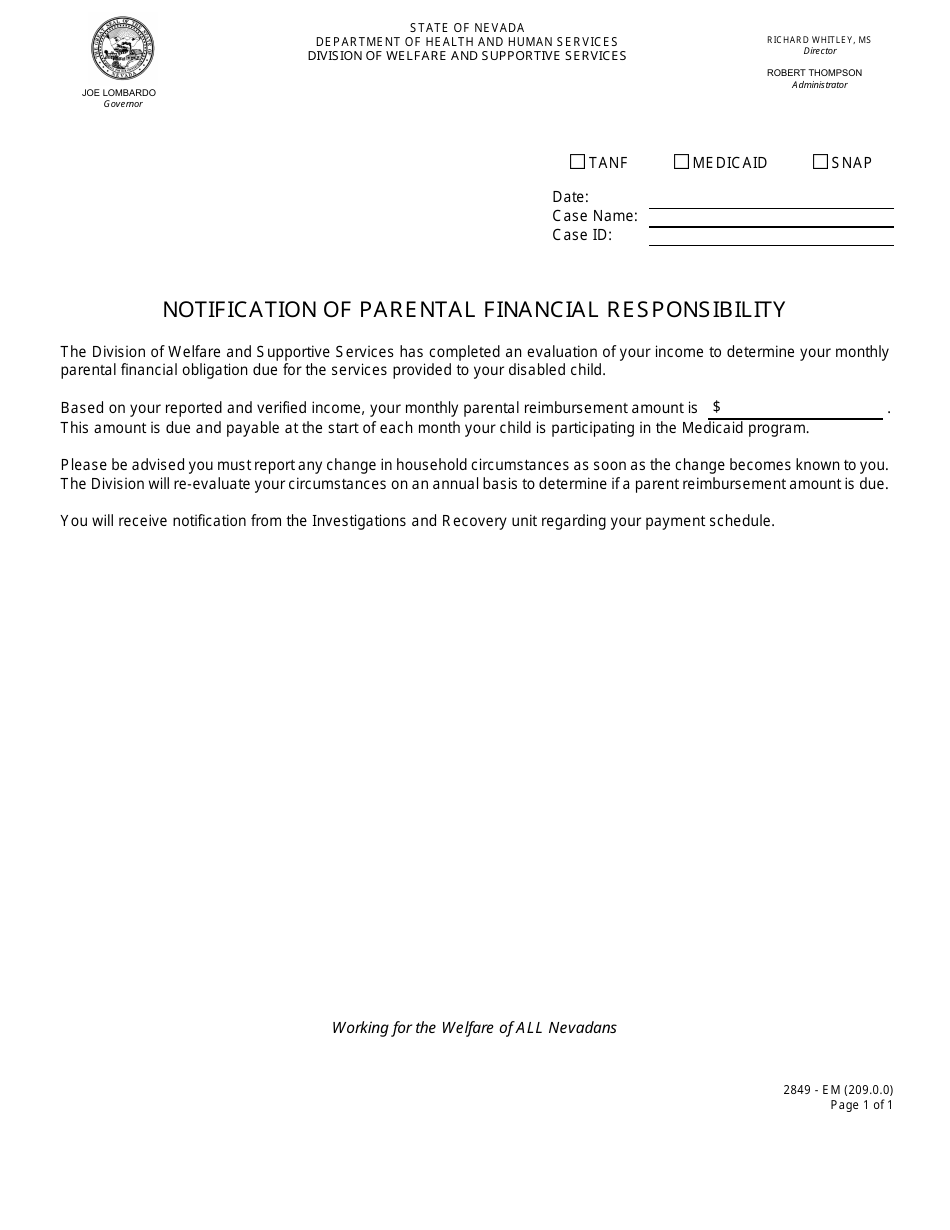 Form 2849-EM Notification of Parental Financial Responsibility - Nevada, Page 1