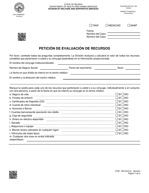 Formulario 2794-EMS Peticion De Evaluacion De Recursos - Nevada (Spanish)