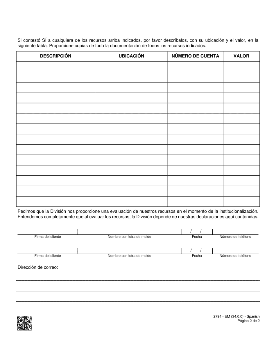 Formulario 2794-EMS Peticion De Evaluacion De Recursos - Nevada (Spanish), Page 2