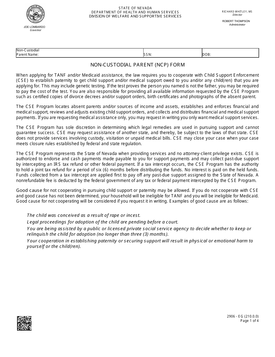 Form 2906-EG Non-custodial Parent (Ncp) Form - Nevada, Page 1