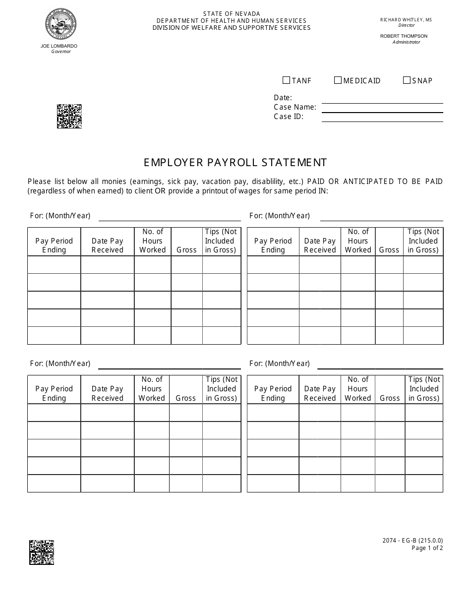 Form 2074-EG-B Employer Payroll Statement - Nevada, Page 1