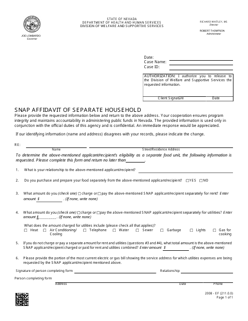 Form 2008-EF Snap Affidavit of Separate Household - Nevada