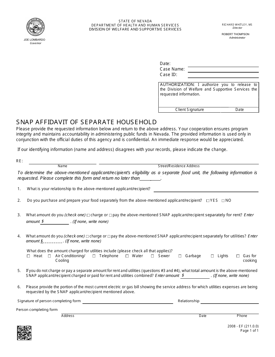 Form 2008-EF Snap Affidavit of Separate Household - Nevada, Page 1