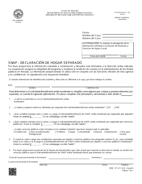 Formulario 2008-EFS SNAP - Declaracion De Hogar Separado - Nevada (Spanish)