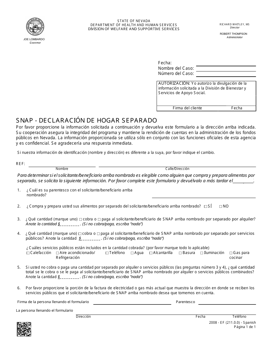 Formulario 2008-EFS SNAP - Declaracion De Hogar Separado - Nevada (Spanish), Page 1