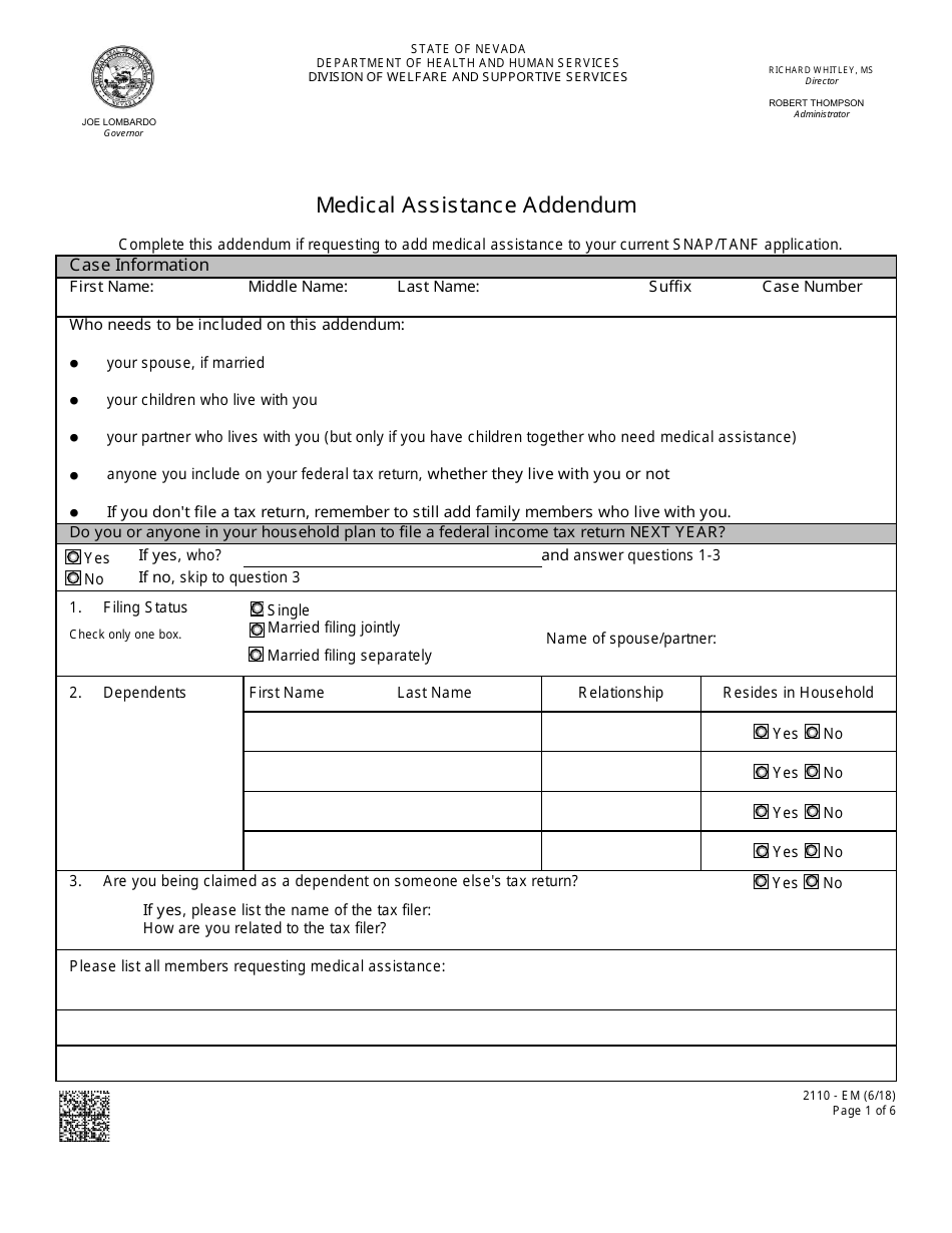 Form 2110-EM Medical Assistance Addendum - Nevada, Page 1