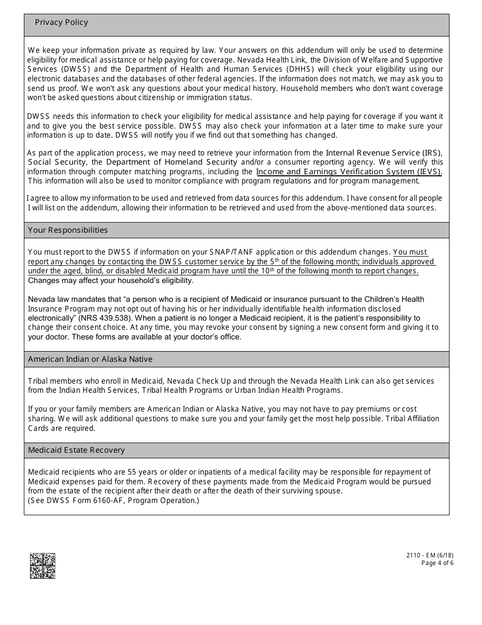 Form 2110-EM Medical Assistance Addendum - Nevada, Page 4