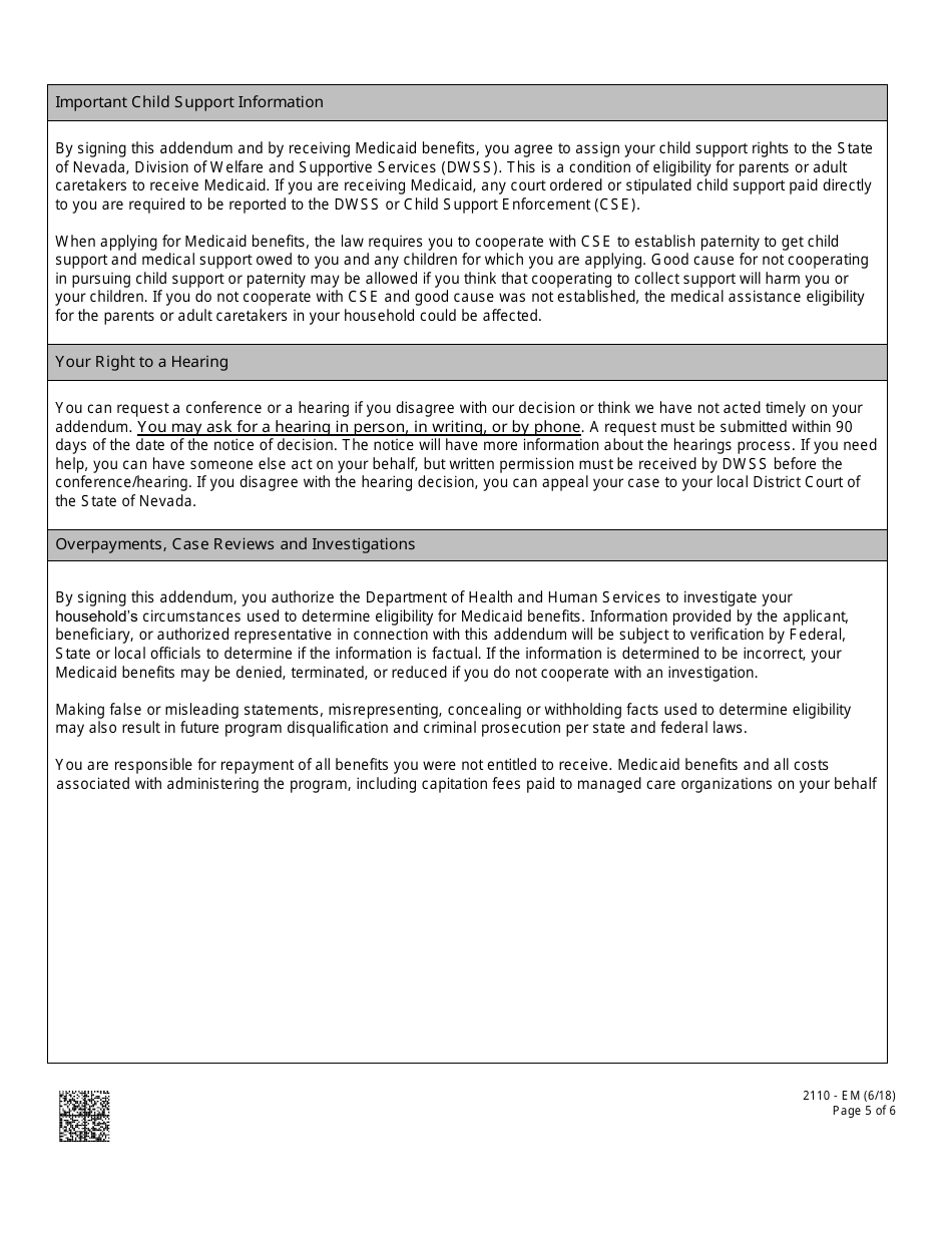 Form 2110-EM Medical Assistance Addendum - Nevada, Page 5