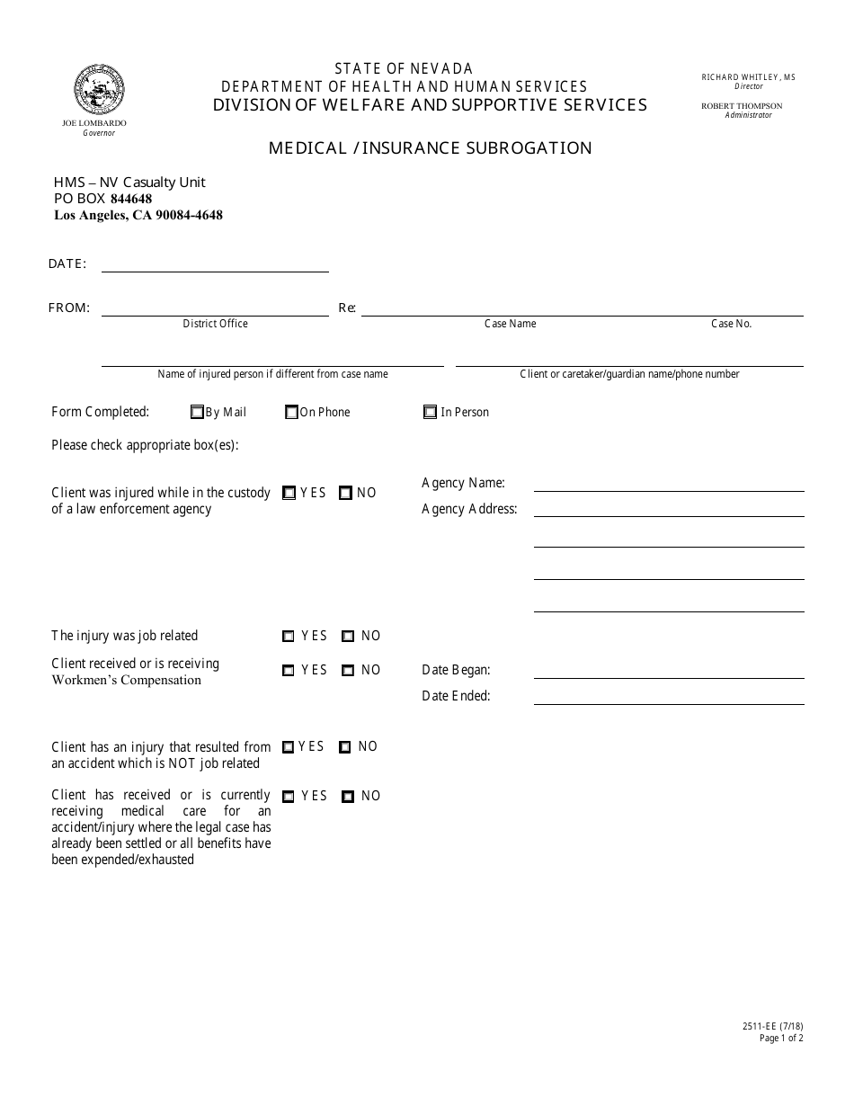 Form 2511-EE Medical / Insurance Subrogation - Nevada, Page 1