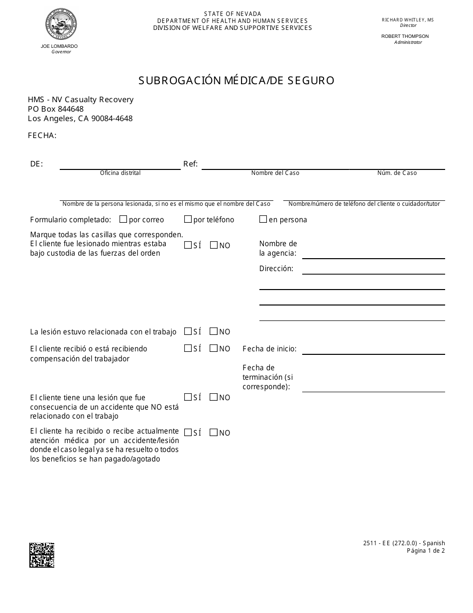 Formulario 2511-EES Subrogacion Medica / De Seguro - Nevada (Spanish), Page 1